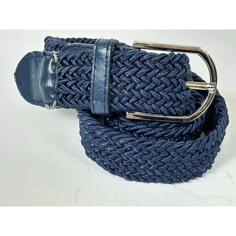 Navy Blue Braided Stretch Belt Men's S/32 Nylon? Vtg Woven Golf Silver Buckle